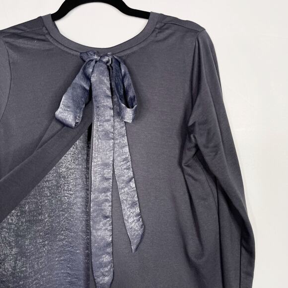 Bobeau Gray Blue MP Tie Open Back Long Sleeve Top Medium Petite Crew Neck - Picture 4 of 9